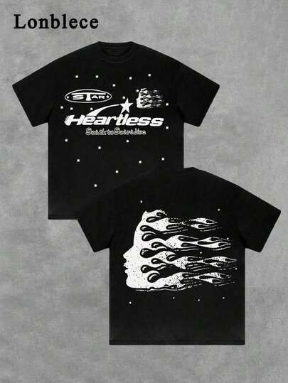 Camiseta Casual Versátil de Manga Corta con Estampado de Estilo Americano Vintage de Lonblece, Minimalista