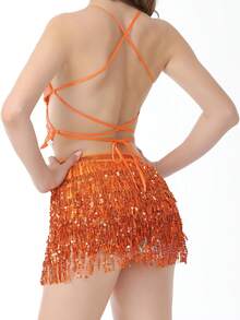 Women's Short Tops With Shiny Sequins Embellished Irregular Butterfly Look Sleeveless Camisole Vest - 橘色 - 查看 6