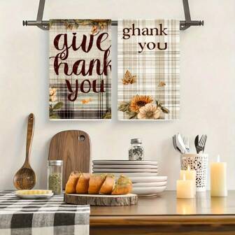 1/2 piezas Toalla de cocina de otoño - Decoración de Acción de Gracias y otoño con estampados de calabaza, girasol y vela, decoración a cuadros en marrón, toalla de lavado de platos duradera de poliéster, adecuada para la decoración de la mesa de comedor y el mostrador de otoño - Toallas de cocina y baño fáciles de limpiar, decoraciones y accesorios de cocina, colores cálidos de vacaciones.