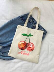 Personalized Cherry And Custom Name Pattern Printed Canvas Shoulder Bag, Large Tote Bag, Personalized Easter Tote Bag, Personalized Custom Name Tote Bag, Children'S Easter Basket, Easter Basket Gift, Custom Children'S Easter Name Basket, Easter Egg Hunt Bag, Personalized Letter Printed Storage Bag - Multicolor - View 2