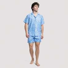 Short Sleeve Mosaic Cuban Shirt - Blue and White - View 1