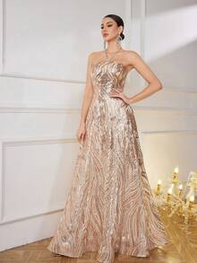 SUPGIR Đầm dạ hội dài tay hở lưng gợi cảm ống suông thanh lịch cho nữ - Rượu sâm banh - Xem 4