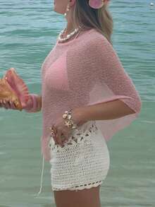 Women Sheer Knit Poncho Y2K Off Shoulder Asymmetric Shrug Sweater Pullover Top Lightweight See Through Cover Up Tops  Pullover Sweaters Tops - 紫色 - 查看 2