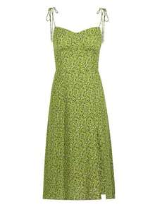 Francesa Cintura Verano Nueva Mujer Verde Eustoma Aplastado Flor Seaside Holiday Wear Halter Vestido - Verde - Ver 5