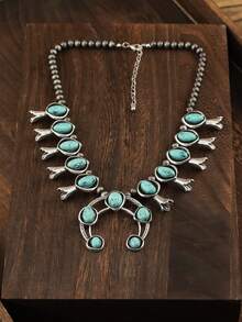 1 件西部乡村风格时尚氧化南瓜花镶嵌绿松石串珠项链，适合女性日常搭配，珍珠首饰套装礼物 - 綠松石色 - 查看 8