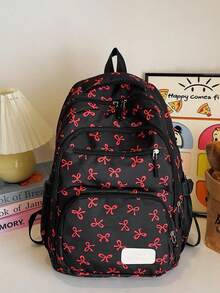 3件套尼龙蝴蝶结印花背包，可折叠多口袋大容量防水拉链背包，适合青少年、高中生、大学生、女士日常使用、通勤、旅行、情人节礼物，可爱蝴蝶结背包，学习用品，书包，学生背包，返校背包 - 黑色 - 查看 3