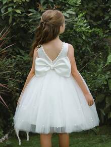小女孩蝴蝶结深 V 薄纱泡泡袖派对公主裙，适合小女孩生日派对、舞会、选美、花童、伴娘、婚礼、特殊场合 - 白色 - 查看 2
