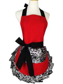 Black Lace Flirty Apron With Pocket, Retro Cooking Aprons Women - Ren đỏ - Xem 3