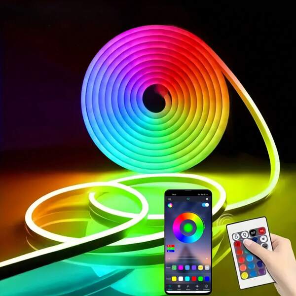 Tira de luz de neón RGB flexible con control remoto de 24 teclas, alimentada por USB, brillo ajustable y modos de varios colores, autoadhesiva para decoración de Navidad, Año Nuevo, San Valentín, coche, boda, fiesta