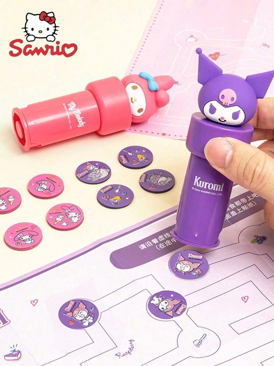 Sanrio 1Set Sanrio Kuromi My Melody Stamp Stickers Set Include Pattern Seal*1 Map*1 Stickers*50Pcs Cute Cartoon Design Waterproof Sticker Kawaii For Notebook Laptop Suitcase Hello Kitty Cat Gifts