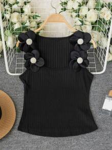 1PC Women Summer Outfits For Women Black Elegant Cute Casual Vest Round Neck Cami Top, 3D Flowers Pearl Design, Suitable For Daily Wear, Street, Commuting, Home, Office, Back To School, Dates, Beach Wearing Women Tank Tops & Camis