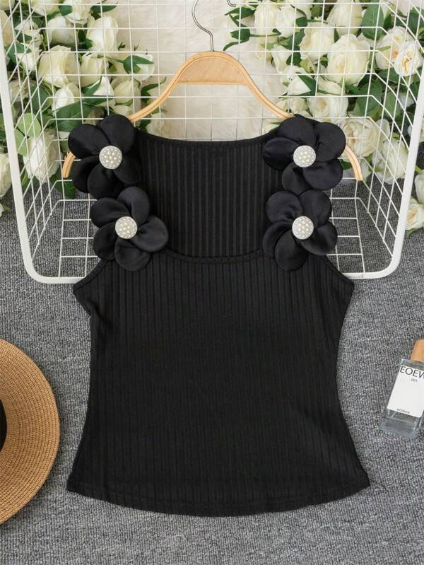 1PC Women Summer Outfits For Women Black Elegant Cute Casual Vest Round Neck Cami Top, 3D Flowers Pearl Design, Suitable For Daily Wear, Street, Commuting, Home, Office, Back To School, Dates, Beach Wearing Women Tank Tops & Camis