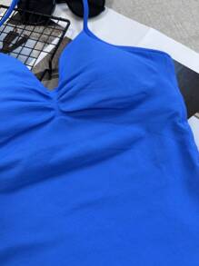 女士瑜伽运动文胸无袖露脐运动上衣，弹力健身运动背心，透气 - 藍色 - 查看 5