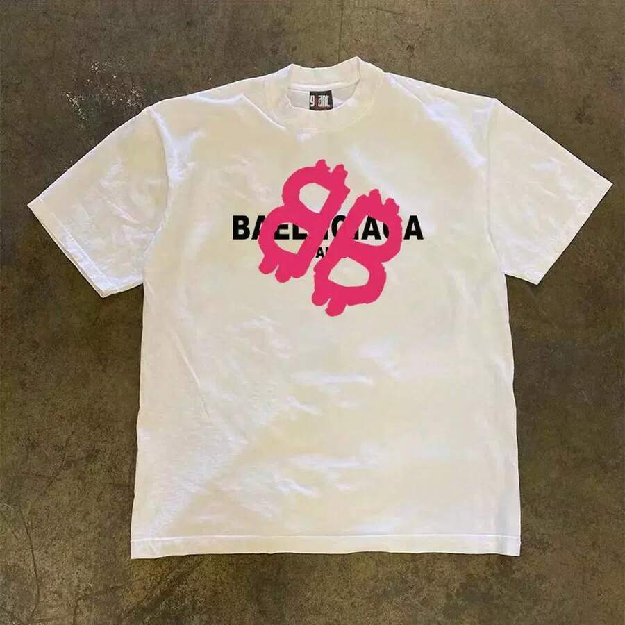 Pink Graphic Tees Men - "Balenciag" Text Men Shirts - White - View 1