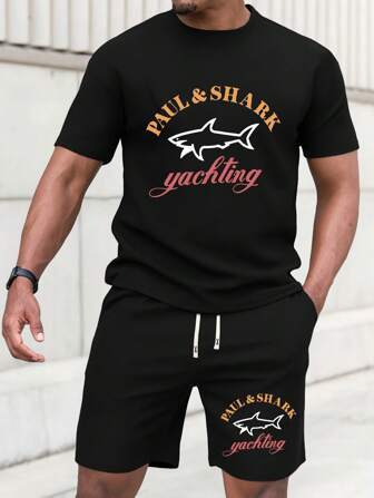 Men's Summer Short Sleeve T-Shirt And Shorts Set, Personalized Letter Print Pattern Fashionable Casual Outfits With Pockets And Drawstring Waist Pants, Suitable For Running, Golf, Fishing, Basketball, Camping, Gym, Swimming And Beach, Great Gift For Husband Or Boyfriend