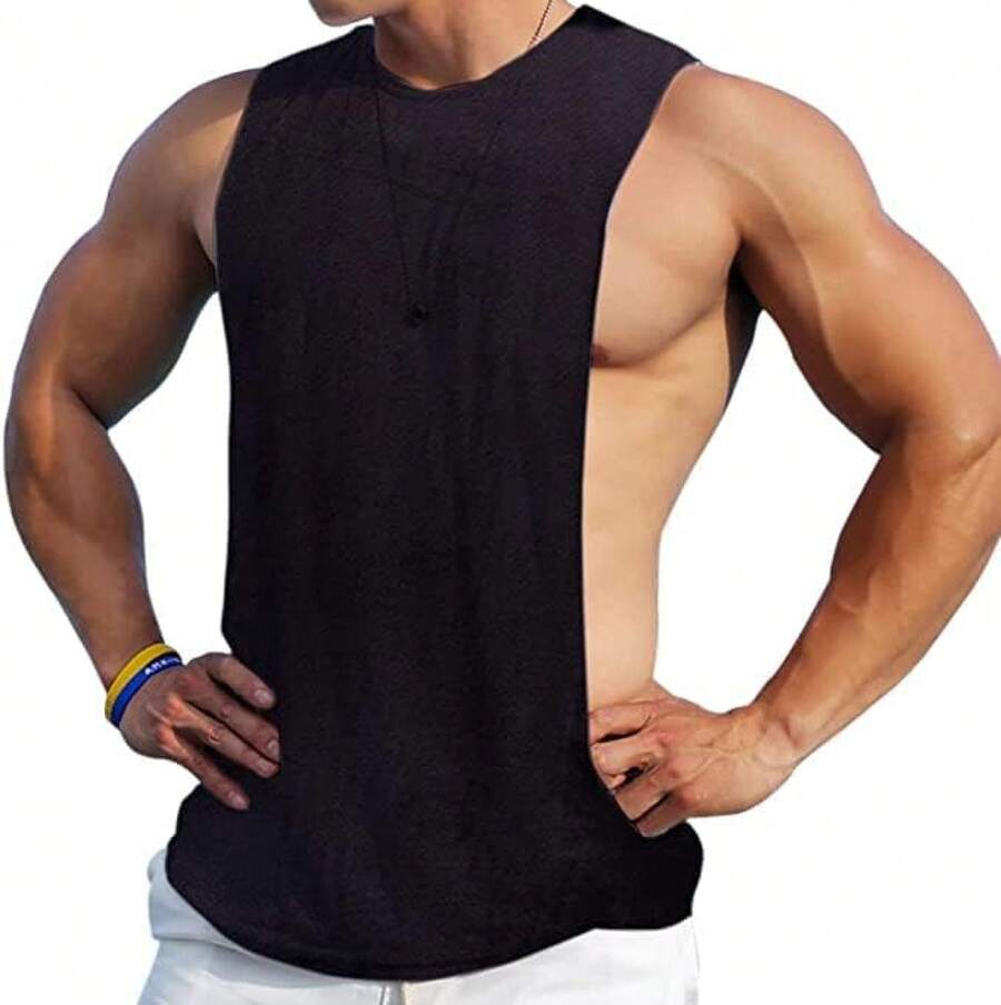 Men's Sleeveless Muscle Stringer Tank Top Cut Open Gym Training Bodybuilding Vest Shirts-2025 - màu đen - Xem 1