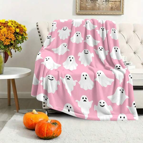 Halloween1pc Pink Cute Ghost Flannel Blanket, Throw Blankets, Blanket For Bed, Tapestry, Suitable For Home Decor, Bedroom Decor, Room Decoration Stuff, Living Room Decor, Picnic Blanket, Best Friend Gifts, Bed,Halloween Decor