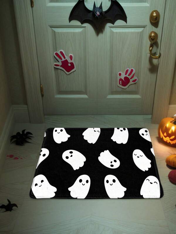 1pc Halloween Faux Wool White Fluffy Carpet With Cute Flying Ghosts Design, Fragrance Decorative Rug Mat, Special Craftsmanship With Long-Lasting Scent, Soft And Suitable For Indoor/Outdoor Use, Great For Entryway, Balcony, Living Room, Laundry Room And Bathroom, Welcome Mat