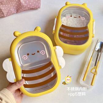 Caja de almuerzo de acero inoxidable con diseño de abeja de dibujos animados - Almacenamiento portátil de alimentos, Caja de almuerzo de acero inoxidable, Caja de almuerzo aislada, Caja de almuerzo, Conveniente y portátil para viajes, campamentos al aire libre y picnics, Útiles escolares
