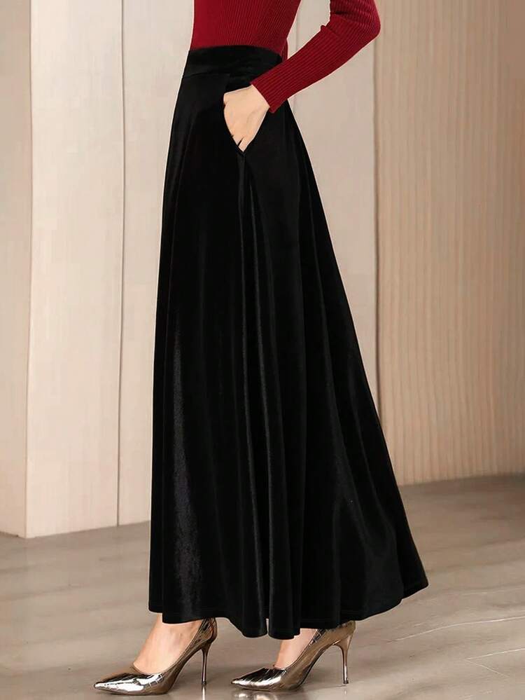 Elegante fluwelen A-lijn rok voor dames, herfst/winter - Zwart - Bekijken 6