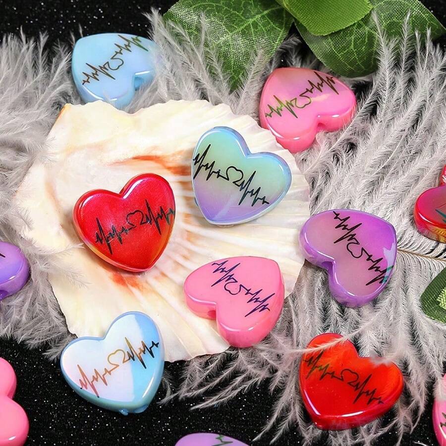 10 Pcs Electrocardiograms Designed Printed Heart-Shaped Beads - Creative DIY Fountain Pens, Pendant Beads, Bracelets, Necklaces, Keychains, Earrings, Craft Items, The Perfect Valentine's Day Gift