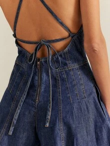 Women Spaghetti Strap Denim Romper Dress Sleeveless V Neck Backless Tie-Up Jean Short Jumpsuits Y2k Ruffle Jean Overalls Summer Streetwear - 藏蓝色 - 查看 4