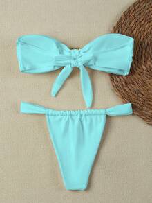 新款春夏性感优雅纯色无肩带比基尼泳衣，适合海滩、度假、派对、约会等场合。 - 藍色 - 查看 2