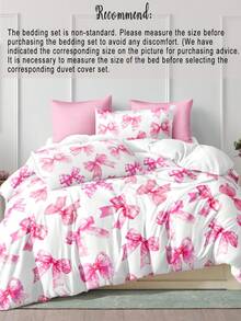 3件套水彩粉色蝴蝶结可爱数码印花羽绒被套（1个羽绒被套+2个枕套，无填充物），柔软亲肤涤纶纤维，适用于卧室、宿舍、所有季节