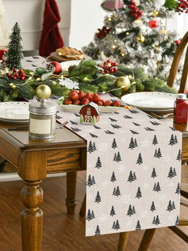1pc Christmas Linen Table Runner, Merry Christmas Tablecloth, Christmas Tree Design, 183*33cm Christmas Tablecloth, Merry Christmas Decoration, Christmas Party Supplies, Christmas Decoration, Home Christmas Decoration, Christmas Gifts, Christmas Kitchen Supplies,