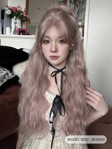 NAMM 28 Inch Ash Powder Long Wavy Wig For Women 2*0.5 U-Shaped Forehead Lace Wig Glueless Heat Resistant Synthetic Small Lace Front Hair Wigs For Girls Daily Party Beginner Use Music Festival Party Street Wear, Sakura Festival, Cosplay Anime Or Costume Use - Pink - View 3