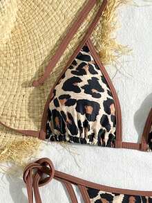 女士露背豹纹拼接比基尼套装（上衣和下装），休闲夏季