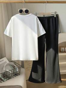 2pcs Girls Girly Two Pieces Set, Bow Slogan Tee And Flare Pants, Cute For Casual Wear/School - White - View 3