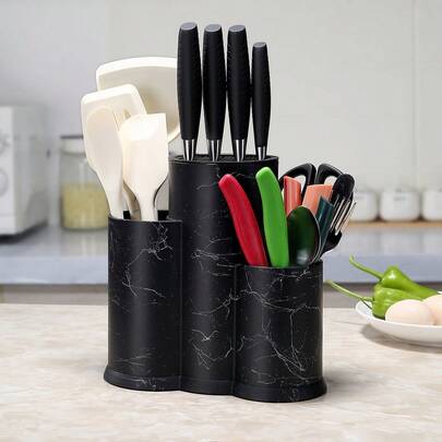 1pc Universal Knife Holder, 3-In-1, Kitchen Utensil Rack, Knife Storage Rack, Empty Knife Slot, Large Kitchen Tool, Black Brushed Multi-Function Kitchen Utensil Rack For Knives, Chopsticks, And More - Space Saving Kitchen Gadget