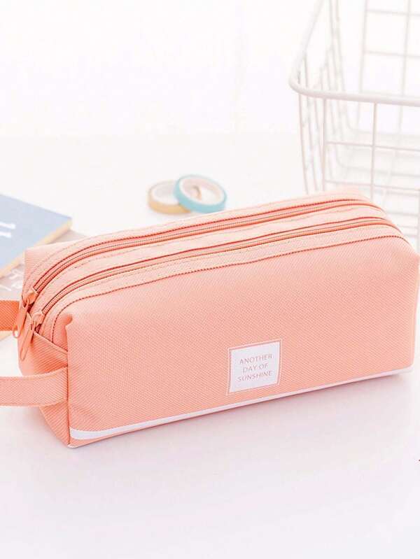 1pc Student Portable Double-Layer Large Capacity Handbag, Exquisite Double Zipper Pencil Case Stationery Storage Bag,For School Supplies,Back To School