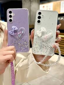 1pc Starry Glitter Quicksand Love Bow Knot + Beaded Bracelet Phone Case Compatible With Samsung Galaxy S8, Compatible With IPhone 16, Redmi Note 11 4G, OPPO A54, Infinix Smart 8/Infinix Hot 40i/Transsion Spark 20/Transsion Spark 20C/Transsion Spark Go 2024 Waterproof Shockproof Anti-Fall Scratch Resistant