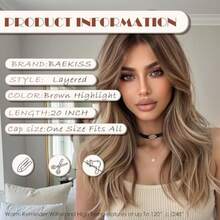 MLong Layered Brown Wigs With Bangs Long Wavy Wigs With Blonde Highlights 20 Inch Curtain Bangs Wigs For White Women Light Brown Synthetic Wig Hair Replacement Wig For Women Daily Party Cosplay Use8001 - 棕色高光 - 查看 2