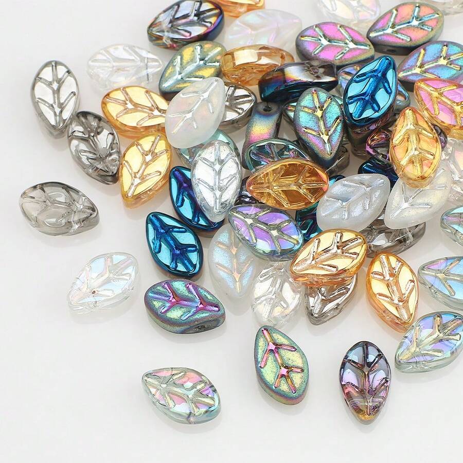 50 件/包 7*11 毫米中心孔小叶形电镀彩色玻璃珠，DIY 珠宝制作配件，适用于工艺品、鞋子、帽子、包包、钥匙扣、手机装饰、发夹