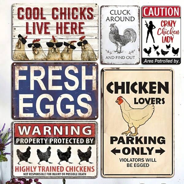 2D Flat, 6pcs Funny Chicken Decor Vintage Metal Tin Signs, Suitable For Accessories, Farmhouse Wall Decor, Pre-Drilled Holes, Amusing Humorous Tin Signs For , Home, Garden, Size 8x12 Inches