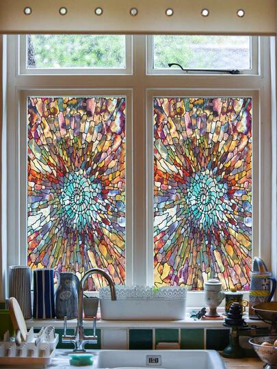 1pcs Abstract Mosaic Pattern Privacy Stained Glass Window Film, Single Side Printing Easy To Static Adsorb On Glass, Suitable For Bathroom Glass Window Film Shower Door Room Decoration, Office, Home Decoration,