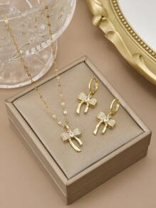 1 件时尚全水钻方晶锆石蝴蝶不锈钢女士项链，1 对时尚全水钻方晶锆石蝴蝶不锈钢女士耳环 - 金黃色 - 查看 10