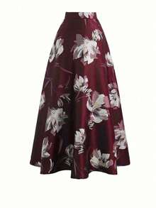 Damen Lässig Elegant Blume Muster Reißverschluss Rücken Schirm Rock, Urlaubsstil - Bordeaux - Übersicht 1