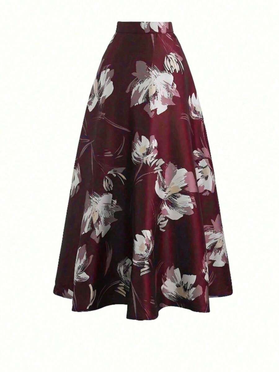 Damen Lässig Elegant Blume Muster Reißverschluss Rücken Schirm Rock, Urlaubsstil - Bordeaux - Übersicht 1