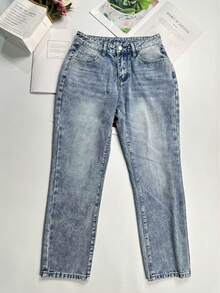 Women's Casual Washed Low Waist Straight Leg Jeans, Autumn - Navy Blue - View 4
