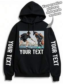 Customized Men's Hoodie, Personalize With Your Photo/Group Photo/Couple/Couples/Family/Friend/Pet/Landscape, Input Your Desired Text, Men's Black Sweatshirt, Men's Fleece Hoodie, Valentine's Day Customization, Autumn Clothing, Best Friend Gift, Christmas Personalized, Winter Men's Wear, Valentine's Day/Father's Day/Anniversary/Birthday Gift, Gift For Him, Halloween Hoodie, Christmas Hoodie - Black - View 1