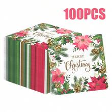 100/60/20 件 13 * 13 英寸一次性圣诞主题餐巾，带有红色和绿色印花图案，适合节日聚会、圣诞派对、新年和冬季主题派对、西餐厅、咖啡厅等 - 彩色 - 查看 16