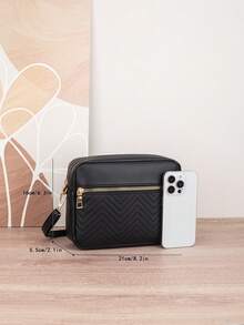 1pc Quilted Striped Crossbody Bag, Multi-Pocket Zipper Fashion Camera Bag, Adjustable Strap Women Daily Shoulder Bag, Versatile Small Square Bag Suitable For All Seasons - Black - View 3