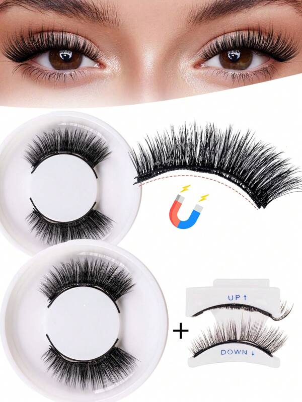 2 Pairs Natural Magnetic Eyelashes No Glue Needed Handmade Reusable 5-13mm Long 3-Step Press On False Eyelash Clip For Wedding,Party,Date