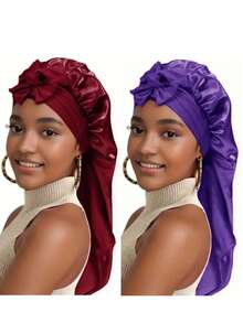 1pc Women's Pink Elastic Drawstring Long Satin Silk Hair Bonnet, Curly Hair Wrap, Suitable For Long Hair, Braids, Messy Buns, Curly Hair, Satin Hair Bonnet, Satin Bow Hair Bonnet - Multicolor - View 19