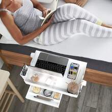 SPACEKEEPER Bedside Shelf For Bed, Foldable Bunk Bed Shelf Organizer For Top Bunk College Dorm Room Essentials Clip On Nightstand Bed Side Shelf Tray With Hanging Cup, Normal Size,Plus With Drawer - 白色 with drawer - 查看 6