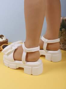 1 Pair Girls' Fashionable Thick Soled Sandals With Bow, Sweet And Cute, Suitable For Children, Casual Wear For Travel And Resort In Summer